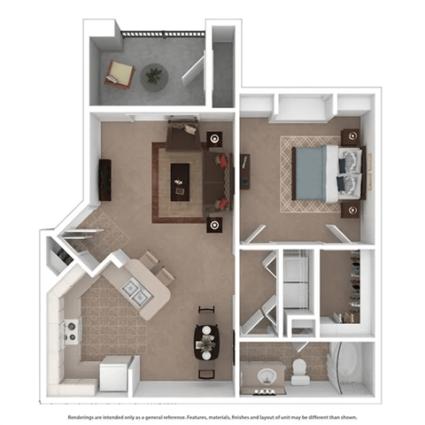 Floor plan for 1 bed, 1 bath, 697 sqft